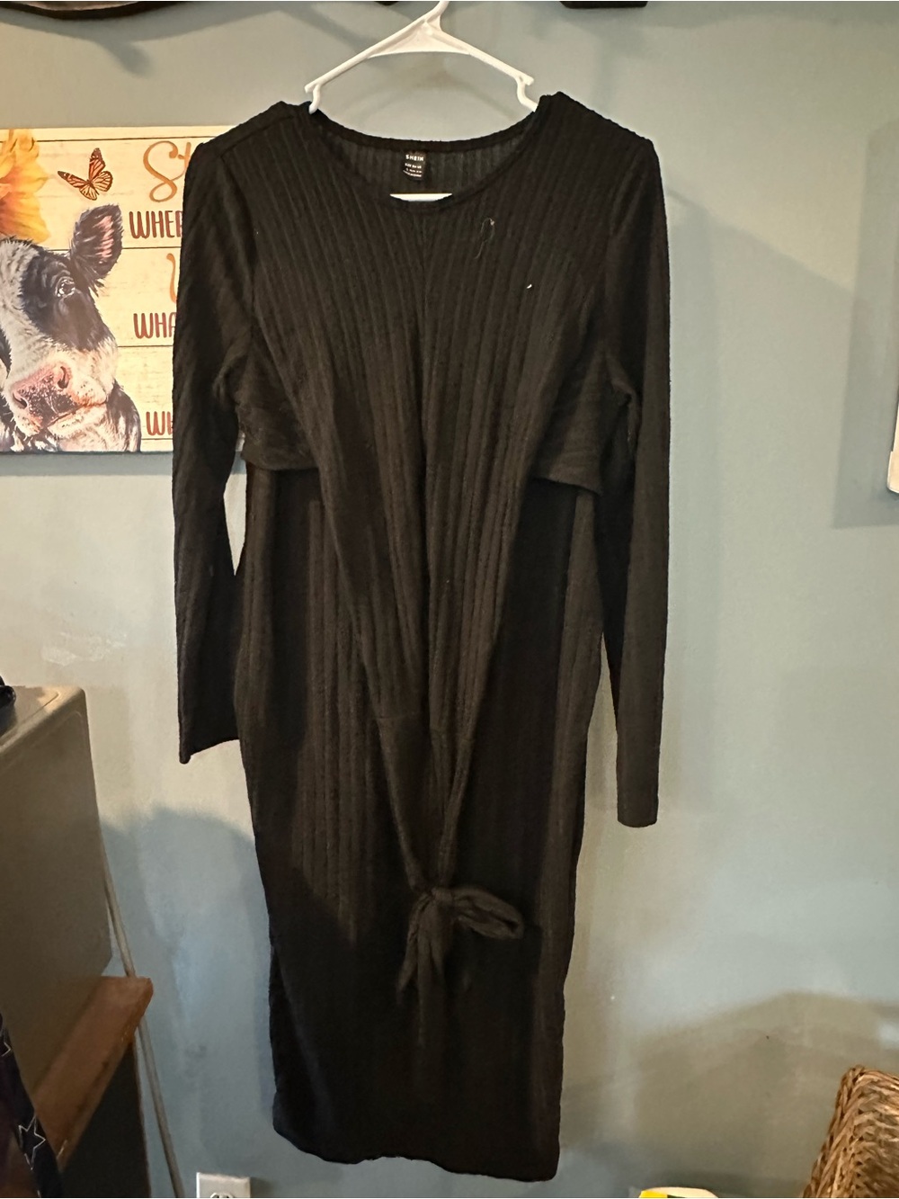 Black Ribbed Long Sleeve Tie-Front Dress